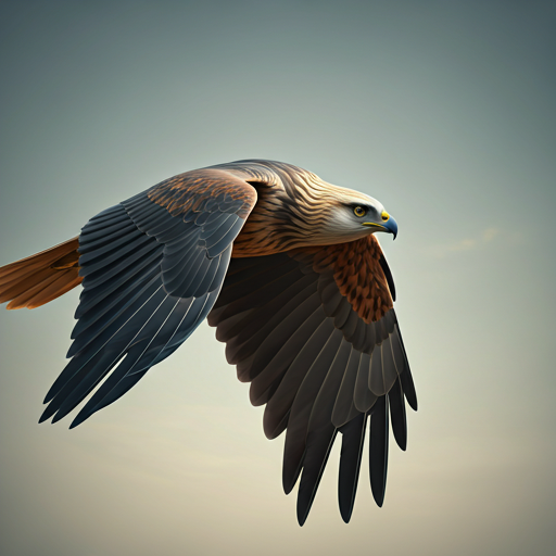A bird of prey in mid-flight against a pale sky.