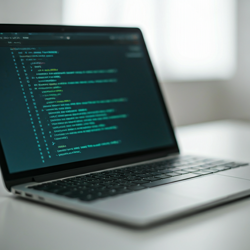 Macro photography of a laptop showing code with teal syntax highlighting.