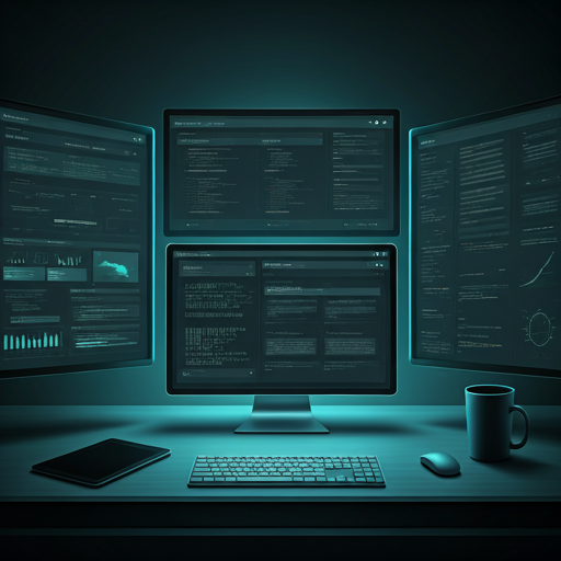 A futuristic digital interface on multiple monitors with a teal color wash.