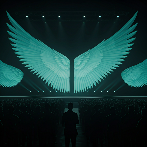 A minimalist conference stage with large LED screens showing teal wing motifs.