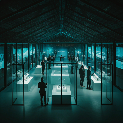 An aerial view of a high-end corporate launch event in a glass pavilion.